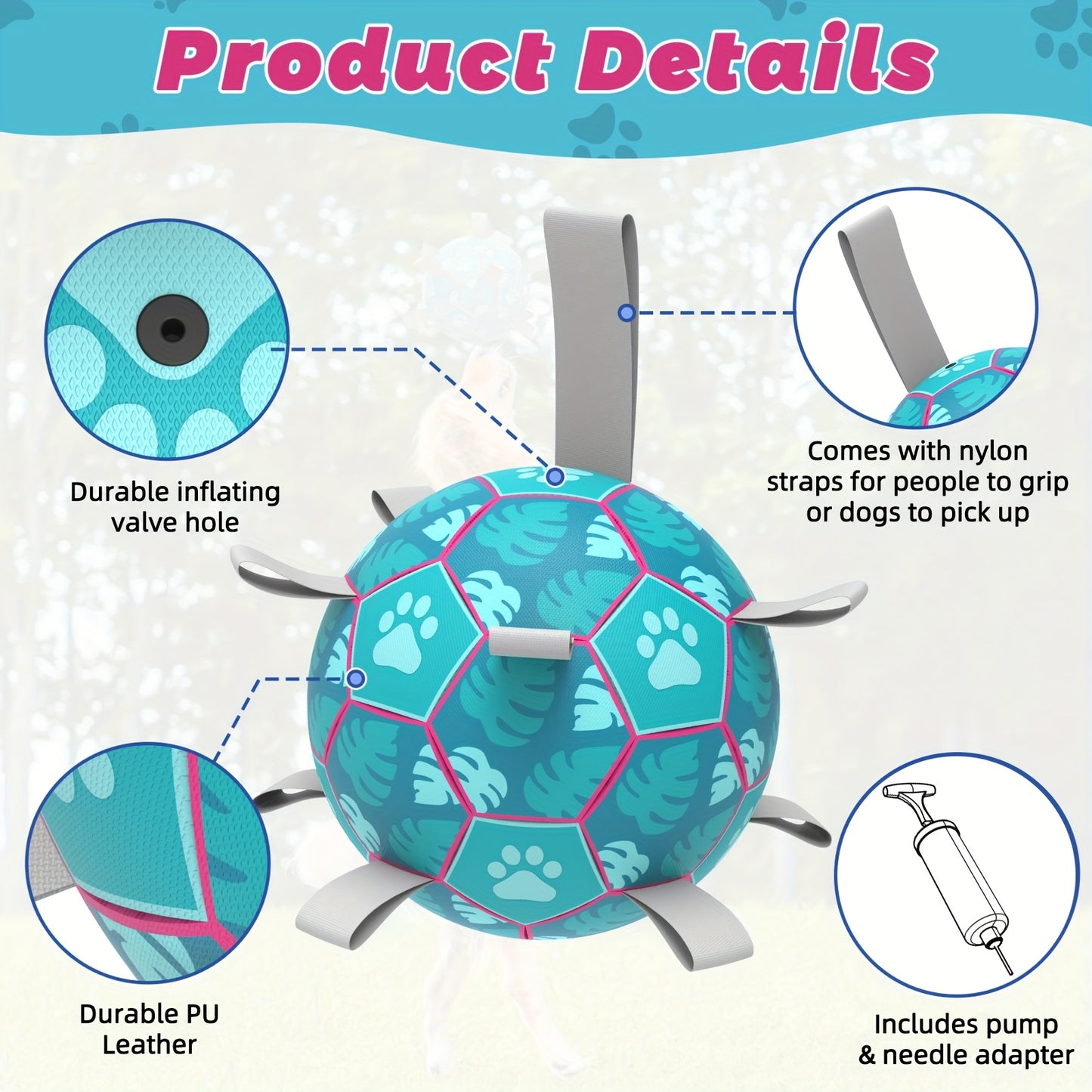 Dog Toys Soccer Balls with Straps, Lake Blue Football Dog Toys, Interactive Dog Toys for Tug of War, Indoor/Outdoor Dog Toys, Durable Puppy Toy for Small/Medium Breed