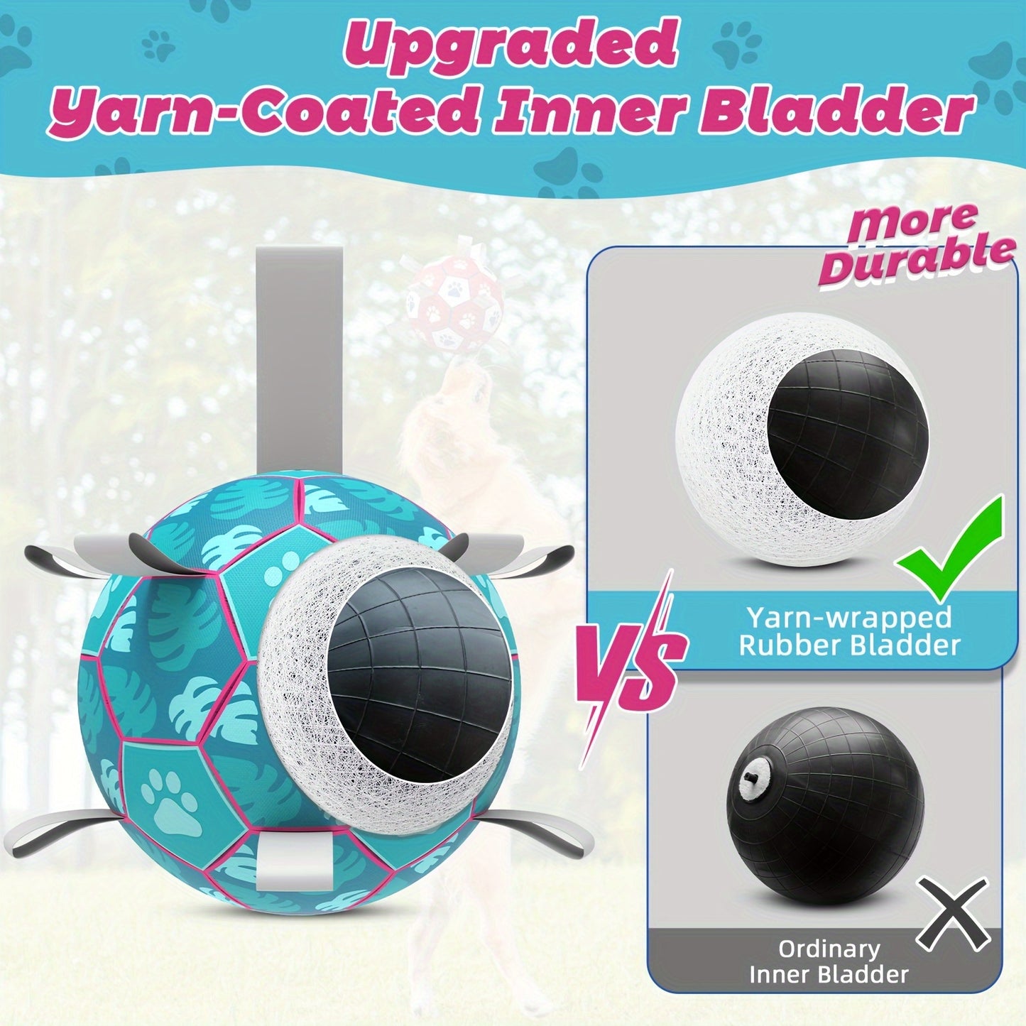 Dog Toys Soccer Balls with Straps, Lake Blue Football Dog Toys, Interactive Dog Toys for Tug of War, Indoor/Outdoor Dog Toys, Durable Puppy Toy for Small/Medium Breed