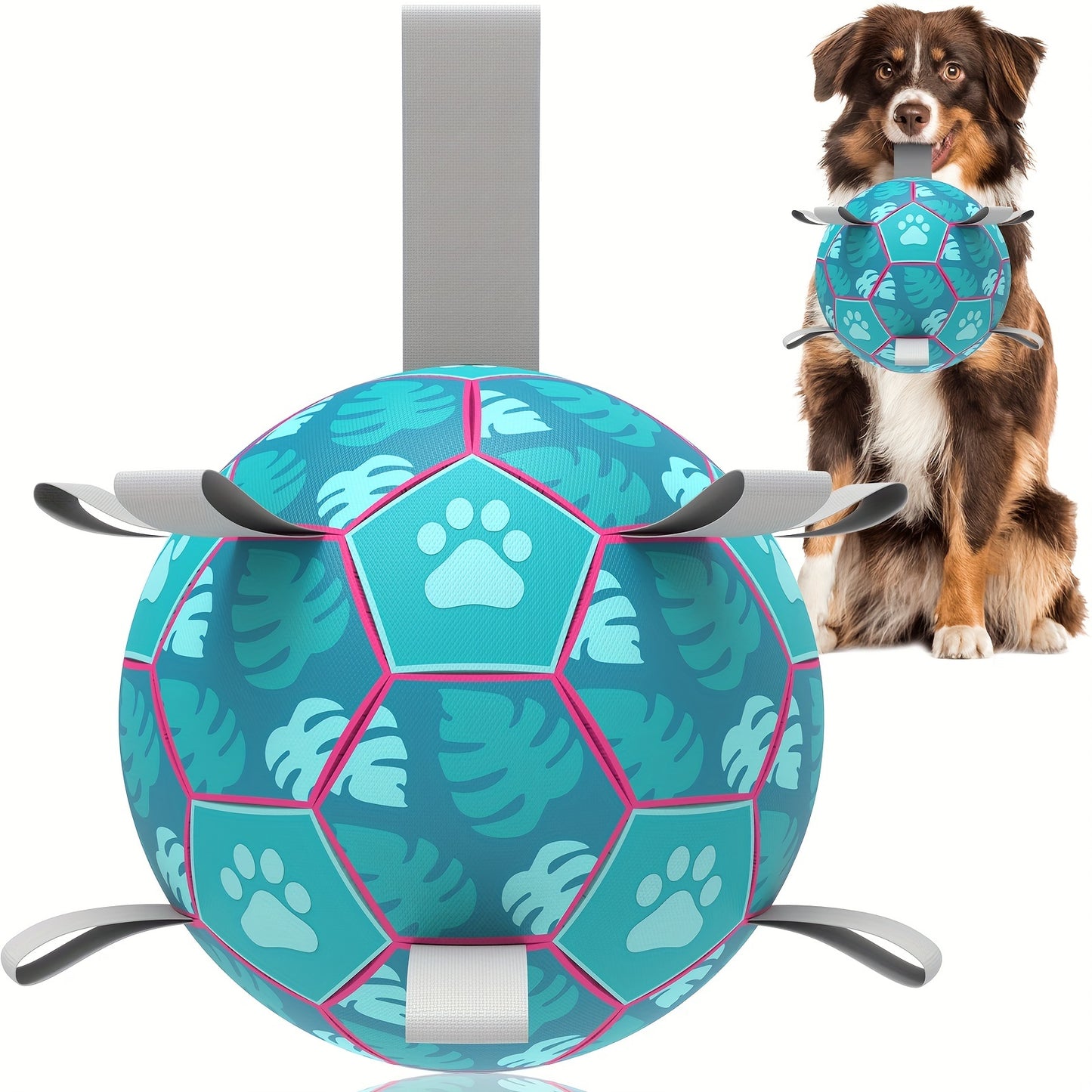 Dog Toys Soccer Balls with Straps, Lake Blue Football Dog Toys, Interactive Dog Toys for Tug of War, Indoor/Outdoor Dog Toys, Durable Puppy Toy for Small/Medium Breed